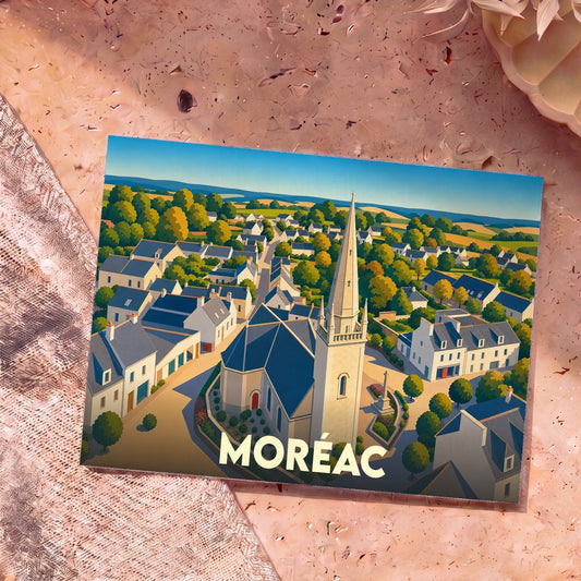 Carte postale souvenir de la ville de Moréac avec une illustration stylisée vue du ciel.