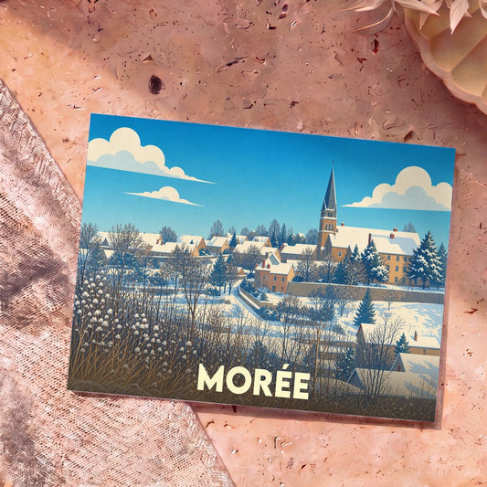 Carte postale souvenir de la ville de Morée présentant une illustration hivernale stylisée.