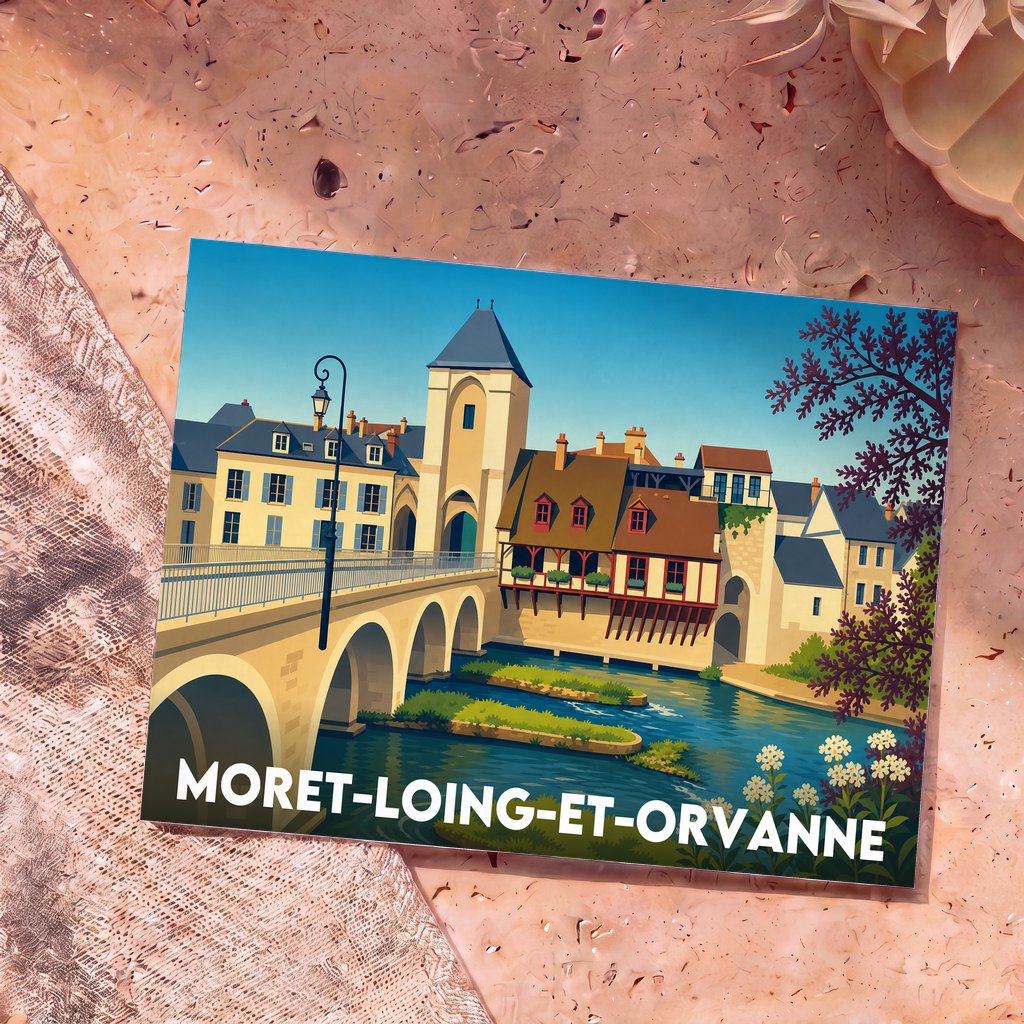 Carte postale souvenir de la ville de Moret-Loing-et-Orvanne avec une illustration stylisée de son pont et de ses maisons médiévales au bord de l'eau.