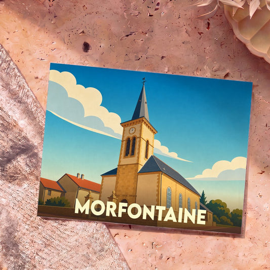 Carte postale souvenir de la ville de Morfontaine avec une illustration stylisée de son église sous un ciel bleu.