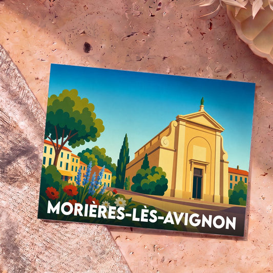 Carte postale souvenir de la ville de Morières-lès-Avignon avec une illustration stylisée de son église et de paysages provençaux.