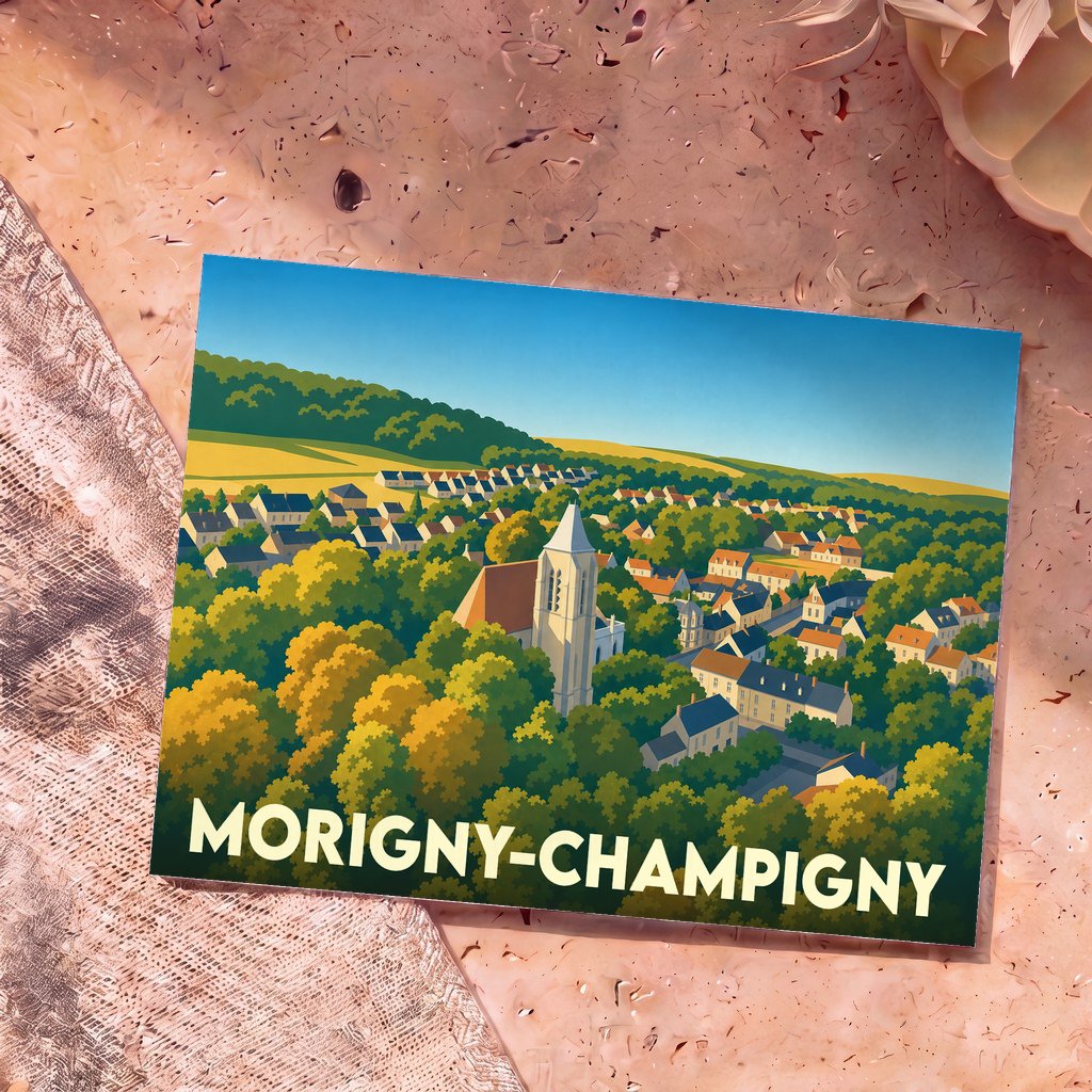 Carte postale souvenir de la ville de Morigny-Champigny avec une illustration stylisée et colorée.