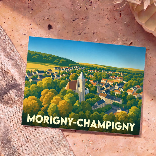 Carte postale souvenir de la ville de Morigny-Champigny avec une illustration stylisée et colorée.