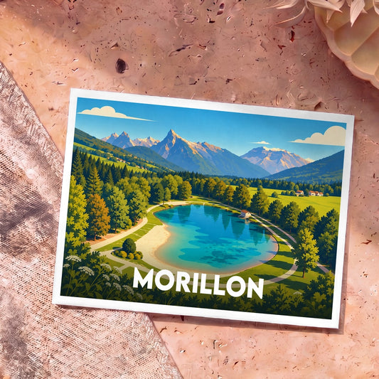 Carte postale souvenir de la ville de Morillon arborant une illustration stylisée d'un lac de montagne.