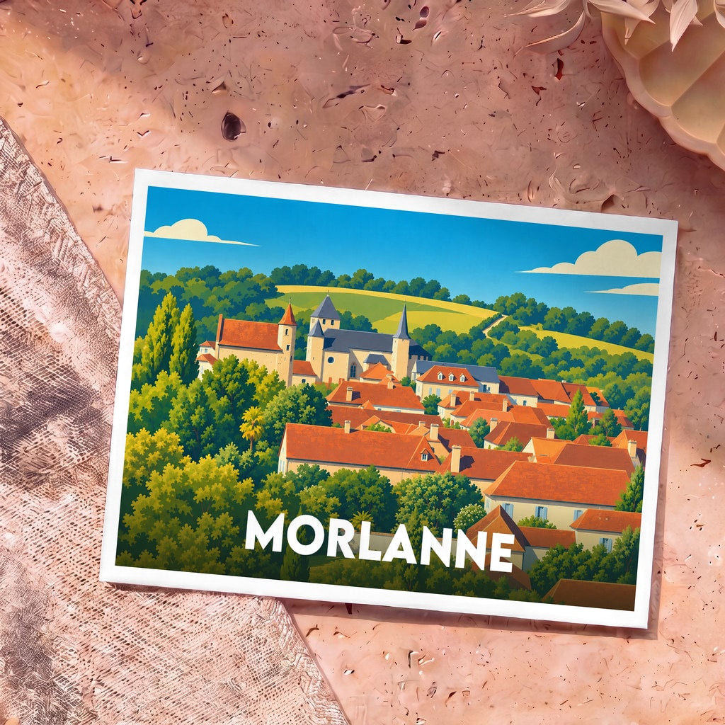 Carte postale souvenir de la ville de Morlanne avec une illustration stylisée montrant son château et ses toits en briques rouges au milieu de la verdure.