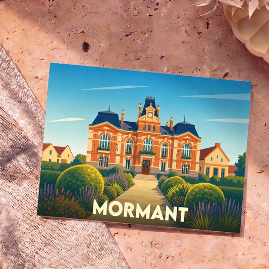 Carte postale souvenir de la ville de Mormant illustrant son hôtel de ville dans un style graphique et coloré.