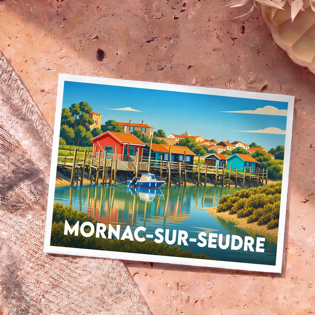 Carte postale souvenir de la ville de Mornac-sur-Seudre avec une illustration colorée de ses cabanes ostréicoles.