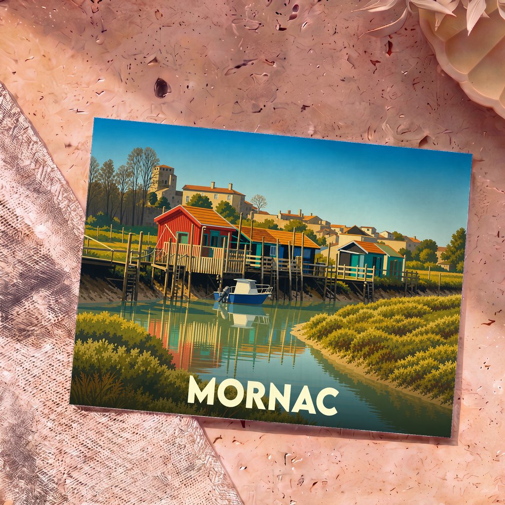 Carte postale souvenir de la ville de Mornac avec une illustration stylisée et colorée de ses cabanes sur pilotis.