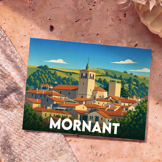 Carte postale souvenir de la ville de Mornant avec une illustration stylisée et colorée.