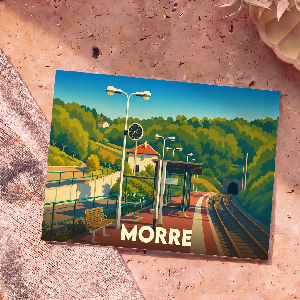 Carte postale souvenir de la ville de Morre avec une illustration stylisée d'une gare nichée dans la verdure.