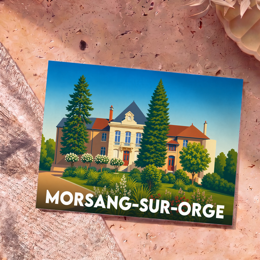 Carte postale souvenir de la ville de Morsang-sur-Orge avec une illustration stylisée de son château.
