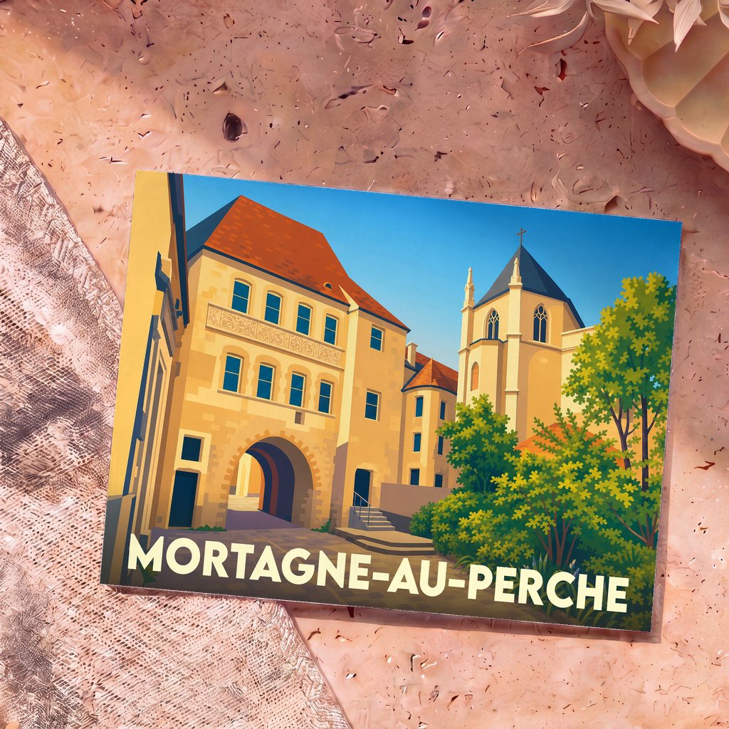 Carte postale souvenir de la ville de Mortagne-au-Perche avec une illustration stylisée de son patrimoine architectural.