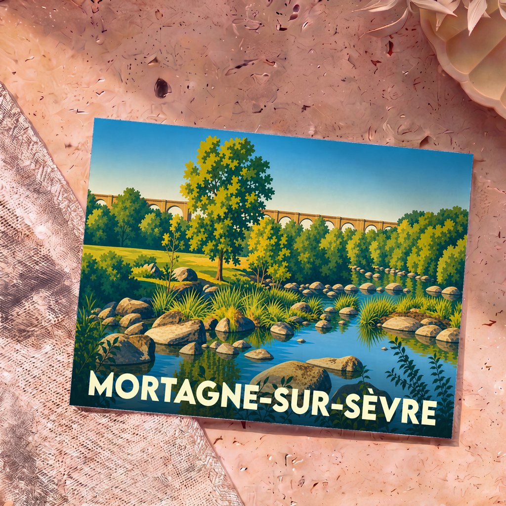 Carte postale souvenir de Mortagne-sur-Sèvre illustrant une rivière rocailleuse et un viaduc dans un style graphique épuré.
