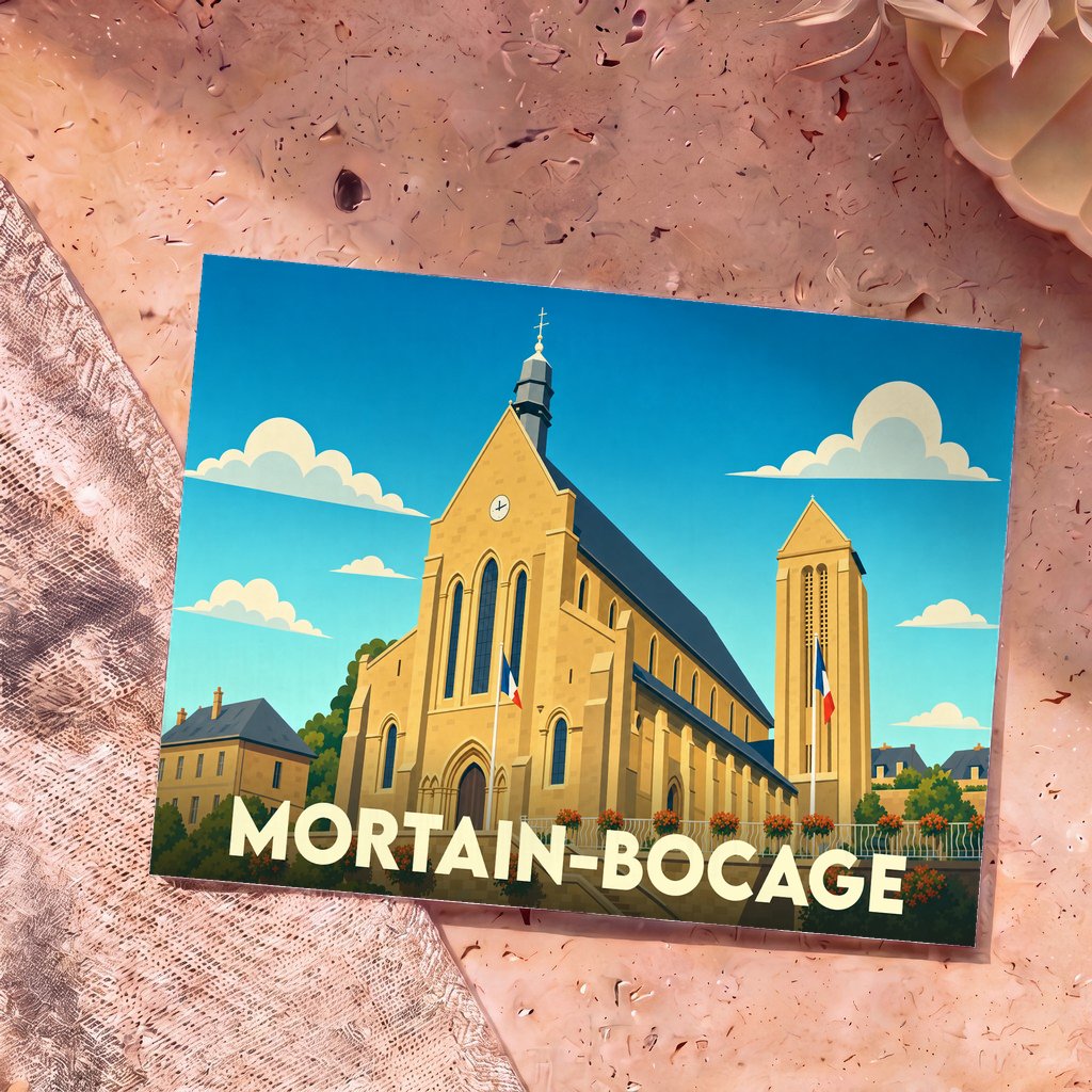 Carte postale souvenir de la ville de Mortain-Bocage avec une illustration stylisée de son église sous un ciel bleu.