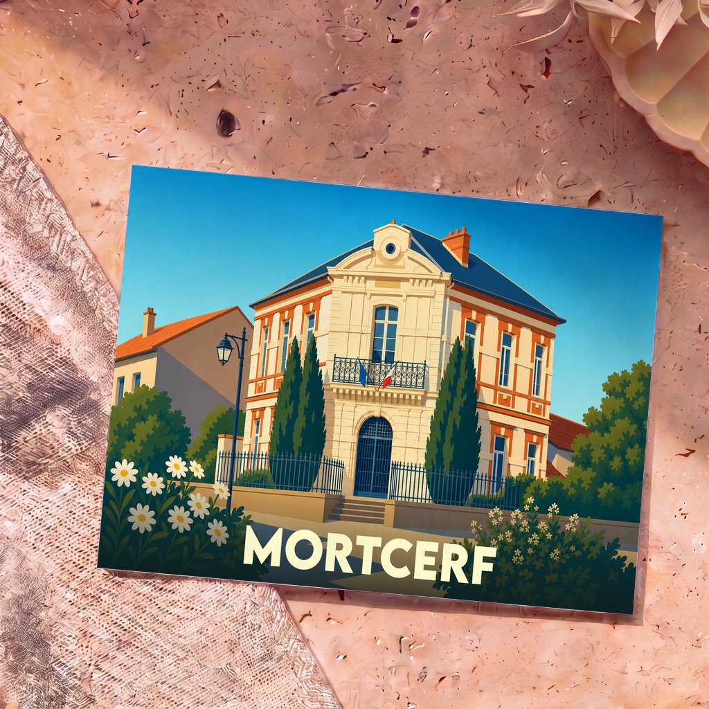 Carte postale souvenir de la ville de Mortcerf avec une illustration stylisée de sa mairie.