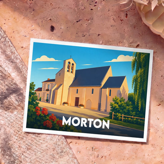 Carte postale souvenir de la ville de Morton avec une illustration stylisée de son église sous un ciel bleu.