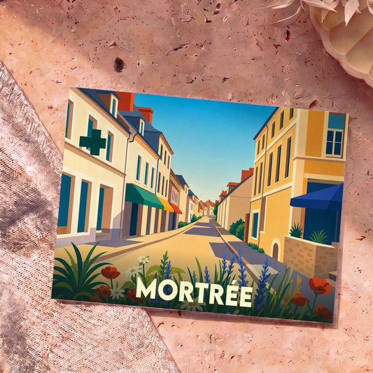 Carte postale souvenir de la ville de Mortrée avec une illustration stylisée d'une rue ensoleillée.