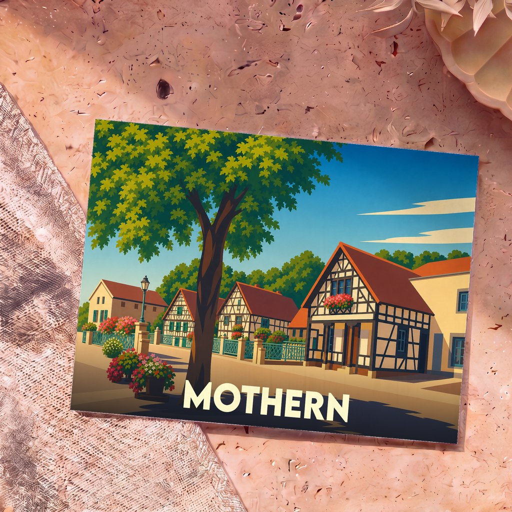 Carte postale souvenir de la ville de Mothern avec une illustration stylisée de ses maisons à colombages.