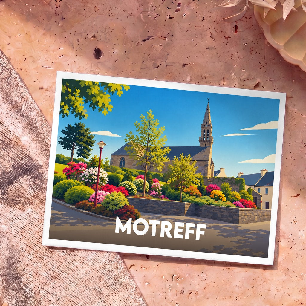 Carte postale souvenir de la ville de Motreff avec une illustration stylisée et fleurie de son église.
