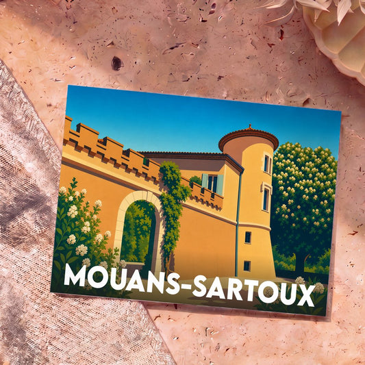 Carte postale souvenir de la ville de Mouans-Sartoux avec une illustration stylisée de son château.