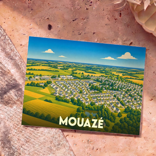 Carte postale souvenir de la ville de Mouazé avec une illustration aérienne et colorée de ses paysages.