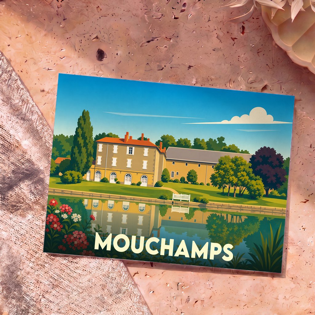 Carte postale souvenir de la ville de Mouchamps avec une illustration stylisée d'une bâtisse au bord de l'eau.