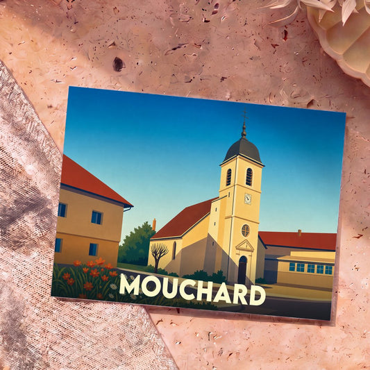 Carte postale souvenir de la ville de Mouchard avec une illustration stylisée de son église sous un ciel bleu.