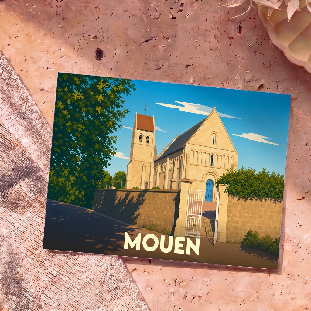 Carte postale souvenir de la ville de Mouen avec une illustration stylisée de son église sous un ciel bleu.