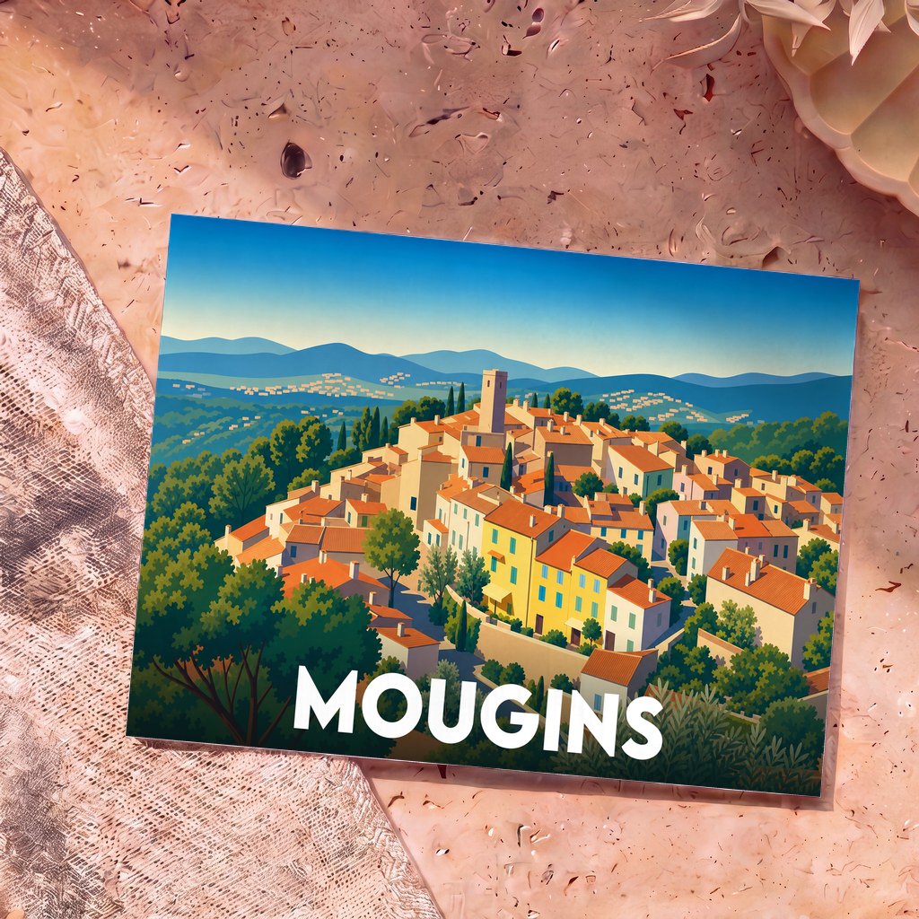Carte postale souvenir de la ville de Mougins illustrant son village perché avec un style graphique coloré.