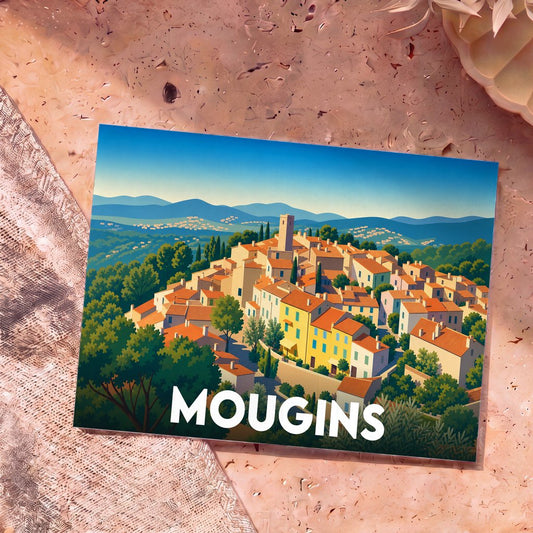 Carte postale souvenir de la ville de Mougins illustrant son village perché avec un style graphique coloré.