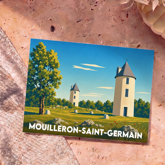 Carte postale souvenir de la ville de Mouilleron-Saint-Germain avec une illustration stylisée de ses moulins.