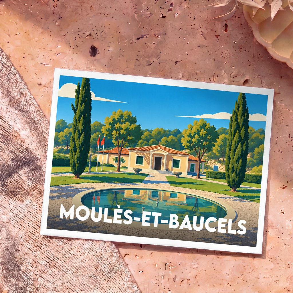 Carte postale souvenir de la ville de Moulès-et-Baucels avec une illustration stylisée d'une villa méditerranéenne et son jardin.
