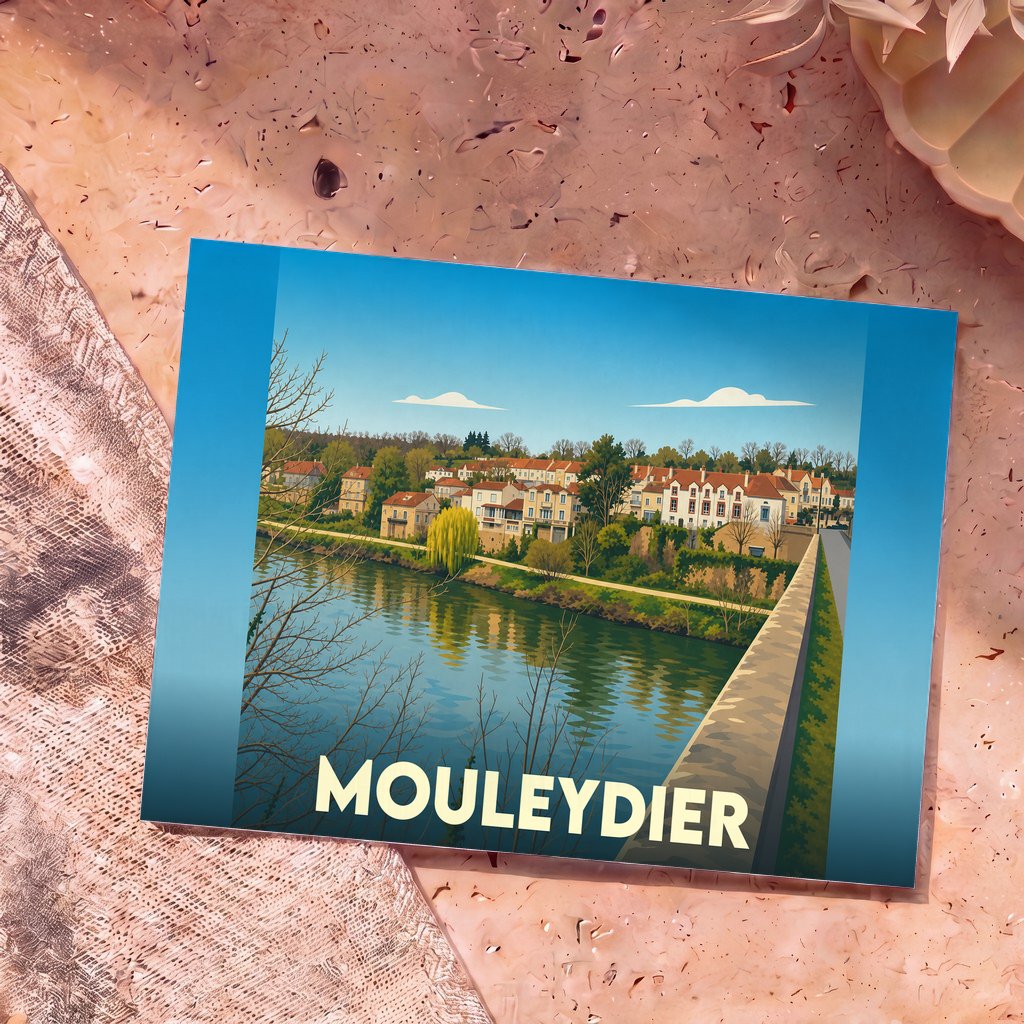 Carte postale souvenir de la ville de Mouleydier avec une illustration stylisée des bords de la Dordogne.