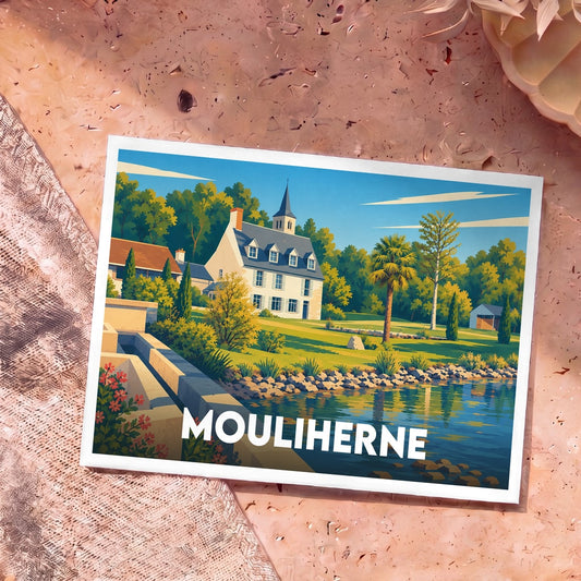 Carte postale souvenir de la ville de Mouliherne avec une illustration stylisée d'un manoir au bord de l'eau.
