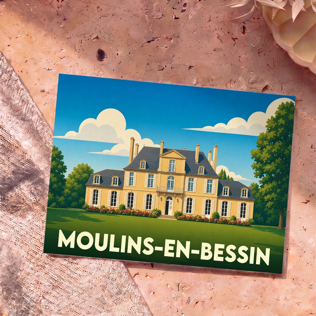 Carte postale souvenir de la ville de Moulins-en-Bessin avec une illustration stylisée d'un château.