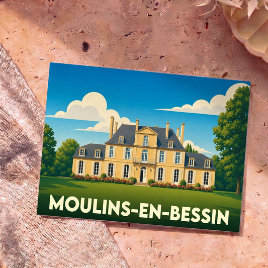 Carte postale souvenir de la ville de Moulins-en-Bessin avec une illustration stylisée d'un château.