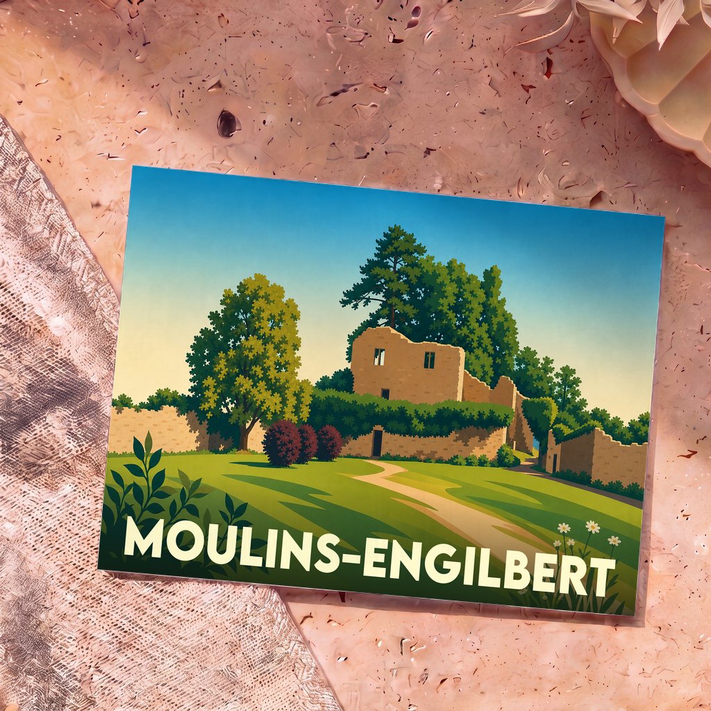 Carte postale souvenir de la ville de Moulins-Engilbert avec une illustration stylisée de ruines historiques dans un paysage verdoyant.