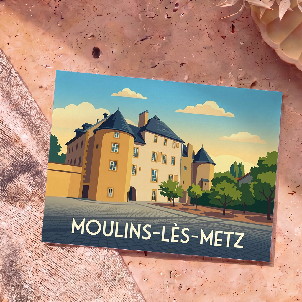 Carte postale souvenir de la ville de Moulins-lès-Metz avec une illustration stylisée de son château.