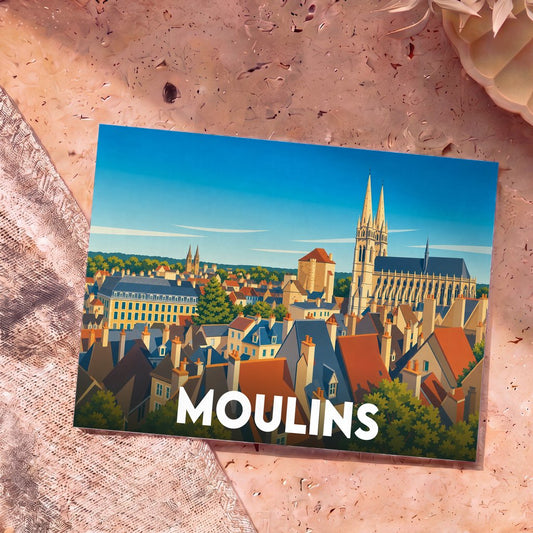 Carte postale souvenir de la ville de Moulins avec une illustration stylisée de ses toits et de sa cathédrale.