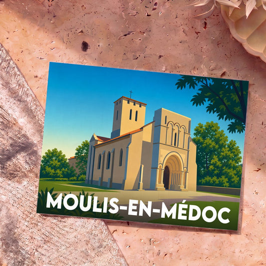 Carte postale souvenir de Moulis-en-Médoc présentant une illustration stylisée de son église romane sous un ciel bleu.