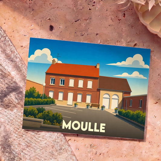 Carte postale souvenir de la ville de Moulle avec une illustration stylisée d'un bâtiment typique.