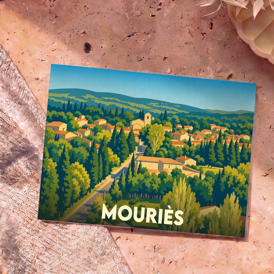 Carte postale souvenir de la ville de Mouriès avec une illustration stylisée de ses paysages provençaux.