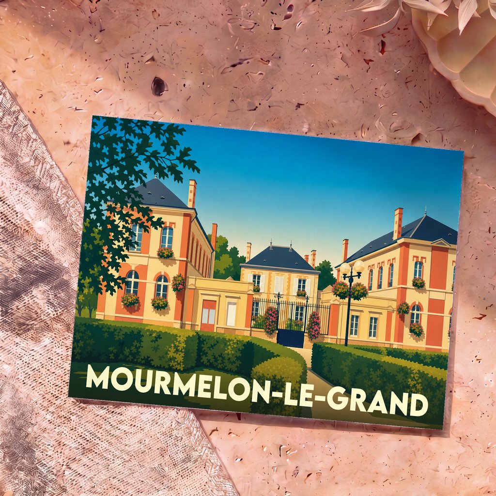 Carte postale souvenir de la ville de Mourmelon-le-Grand avec une illustration stylisée de son architecture.