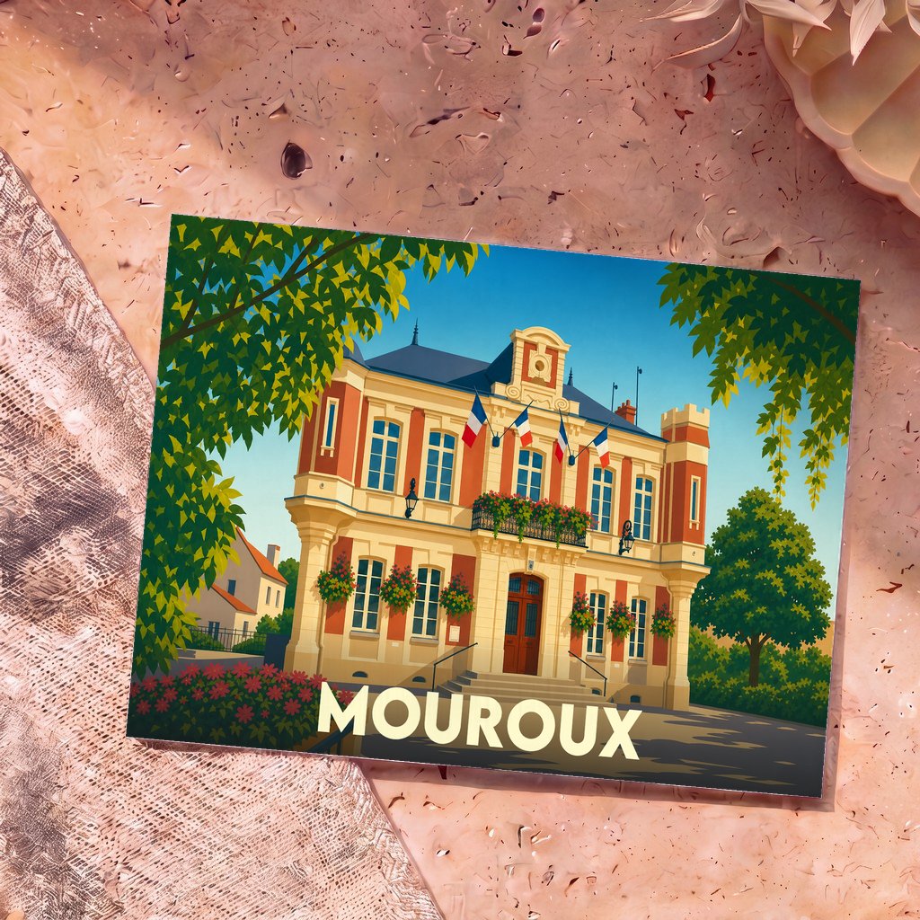 Carte postale souvenir de la ville de Mouroux avec une illustration stylisée de son hôtel de ville.