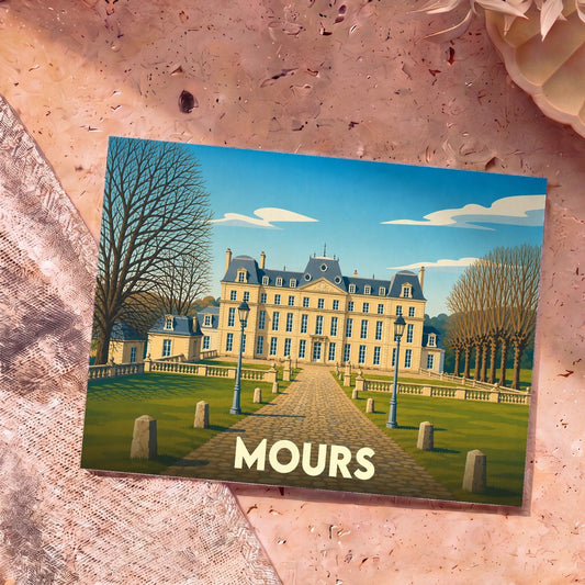 Carte postale souvenir de la ville de Mours illustrant un château majestueux dans un style graphique épuré.