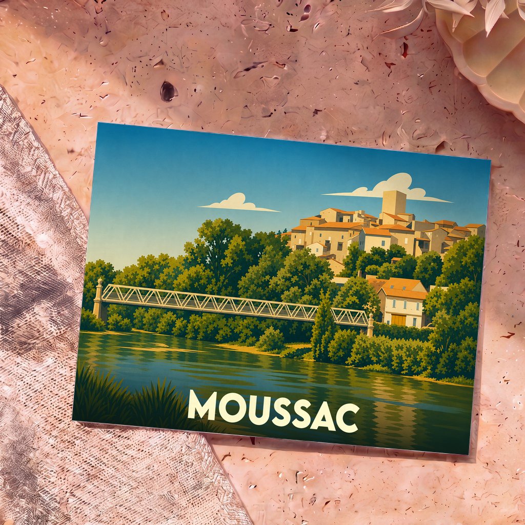 Carte postale souvenir de la ville de Moussac avec une illustration stylisée d'un pont et du village au bord de l'eau.