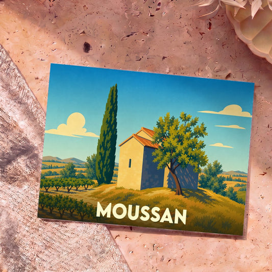 Carte postale souvenir de la ville de Moussan avec une illustration stylisée d'un paysage provençal.