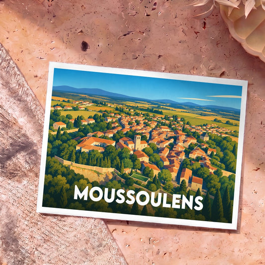 Carte postale souvenir de la ville de Moussoulens avec une illustration stylisée d'un village provençal.