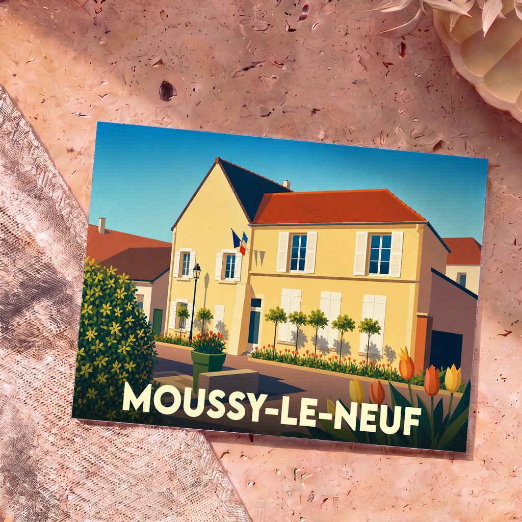 Carte postale souvenir de la ville de Moussy-le-Neuf avec une illustration stylisée de la mairie.