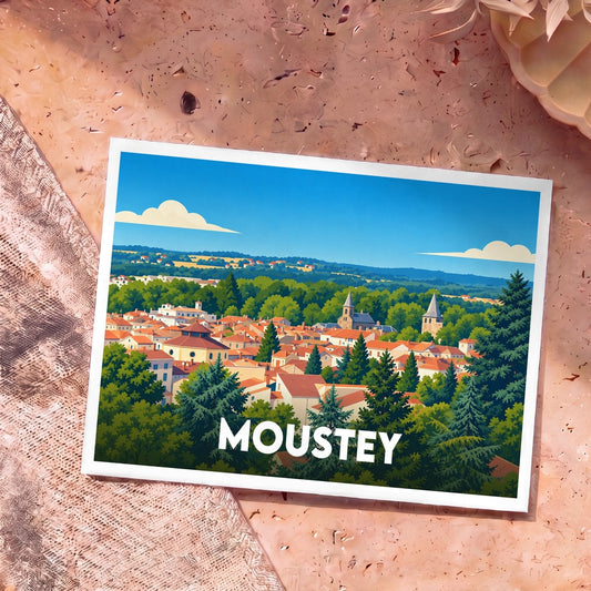 Carte postale souvenir de la ville de Moustey avec une illustration stylisée et colorée de ses toits et clochers.